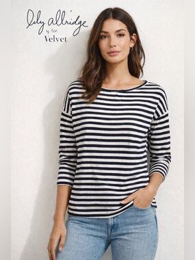 Lily Aldridge for Velvet Navy White Stripe Boat Neck Top Heart Detail S
